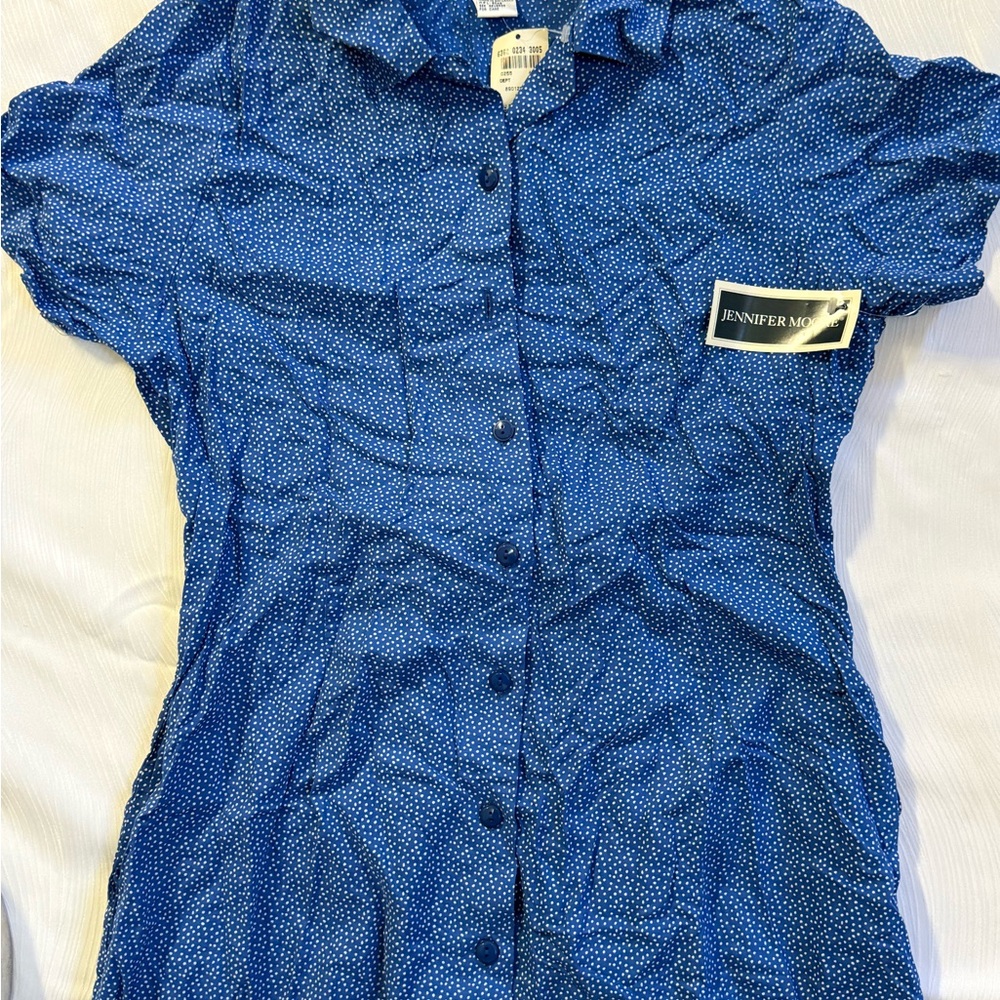 Vintage Jennifer Moore Blue Polka Dot Milkmaid Shirt Dress L Deadstock 90s